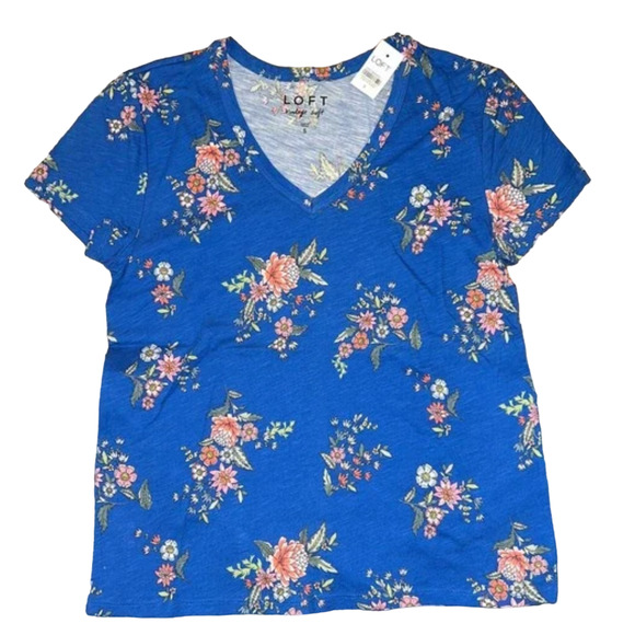 NWT LOFT Royal Blue Floral Vintage Soft V-Neck Tee - SIZE S - Picture 1 of 7